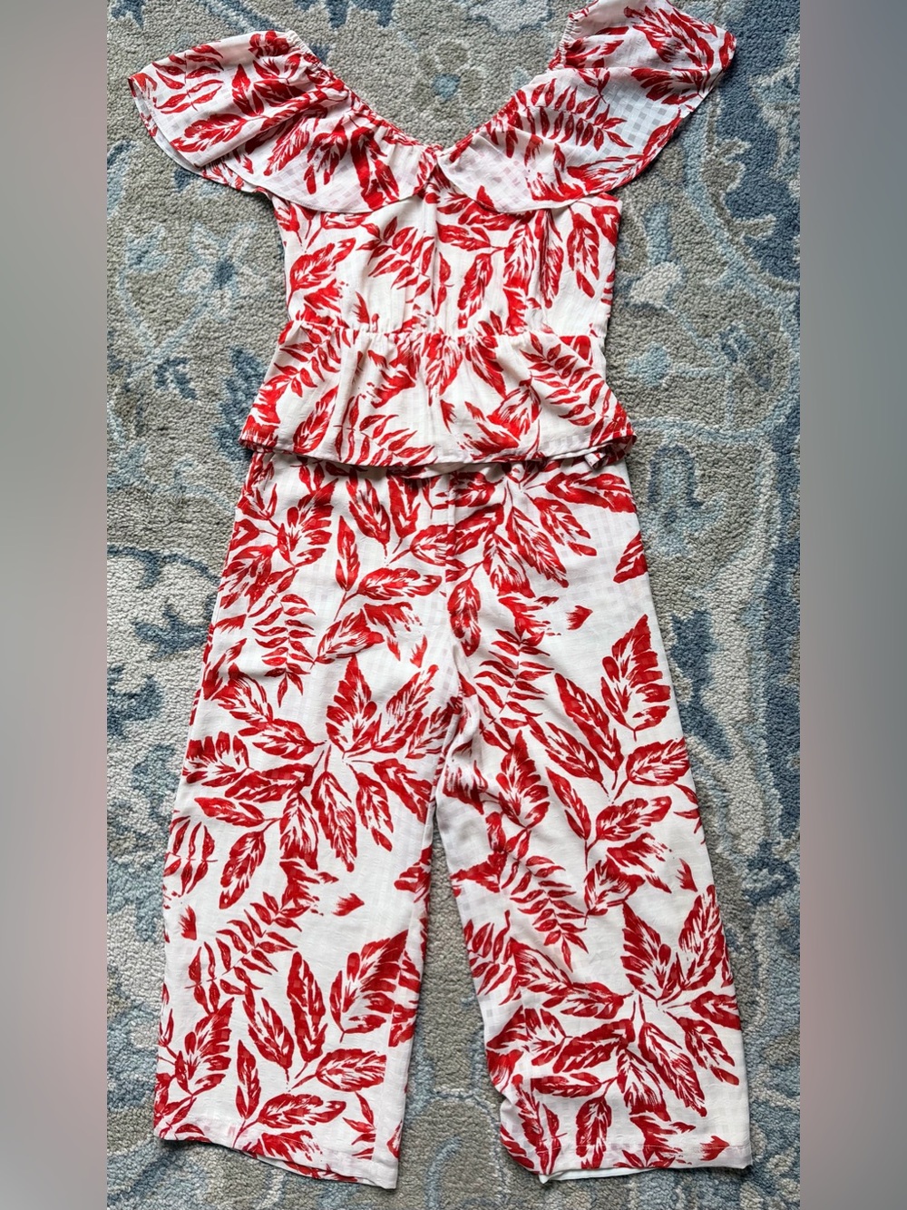 Women’s Red Leaf-Print Wide-Leg Matching Set NWOT